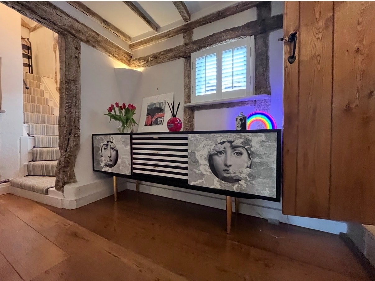 Upcycled furniture styled in a lived-in home
